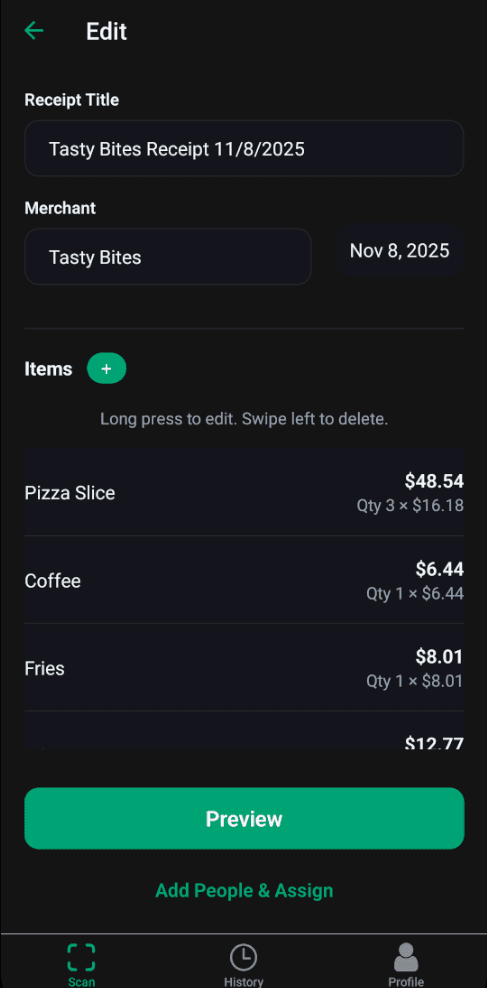 Divyo mobile app interface showing receipt scanning